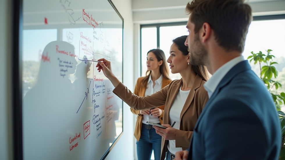 High angle view of a creative team brainstorming marketing ideas on a whiteboard