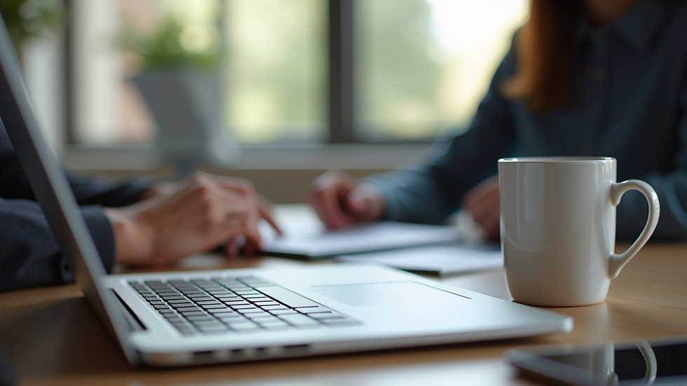 Eye-level view of a modern office workspace with a laptop and coffee cup
