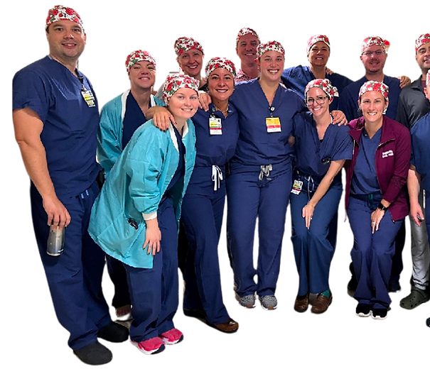 Team of healthcare workers wearing a custom designed floral scrub cap with embroidery. Men and women are wearing various cap stlyes like male cut, ponytal and unisex scrub caps