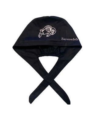 Black custom scrub cap with logo on the front