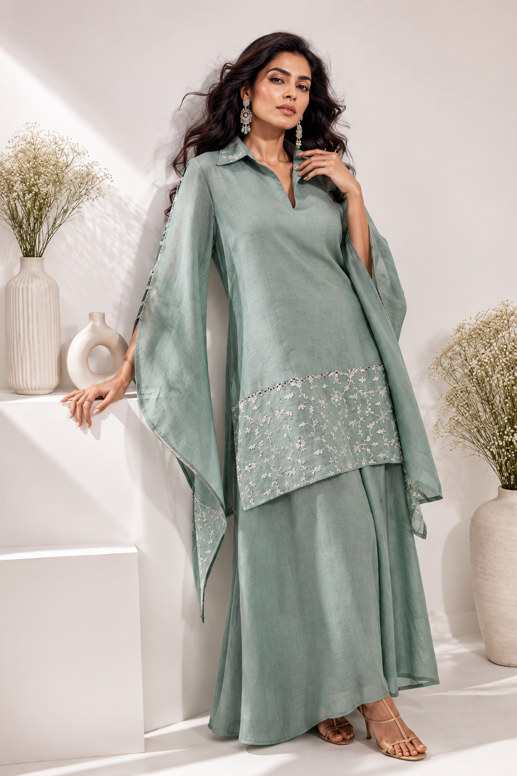 Mint Green Kaftan Coord Set - mint green kaftan with flared pants and embroidery