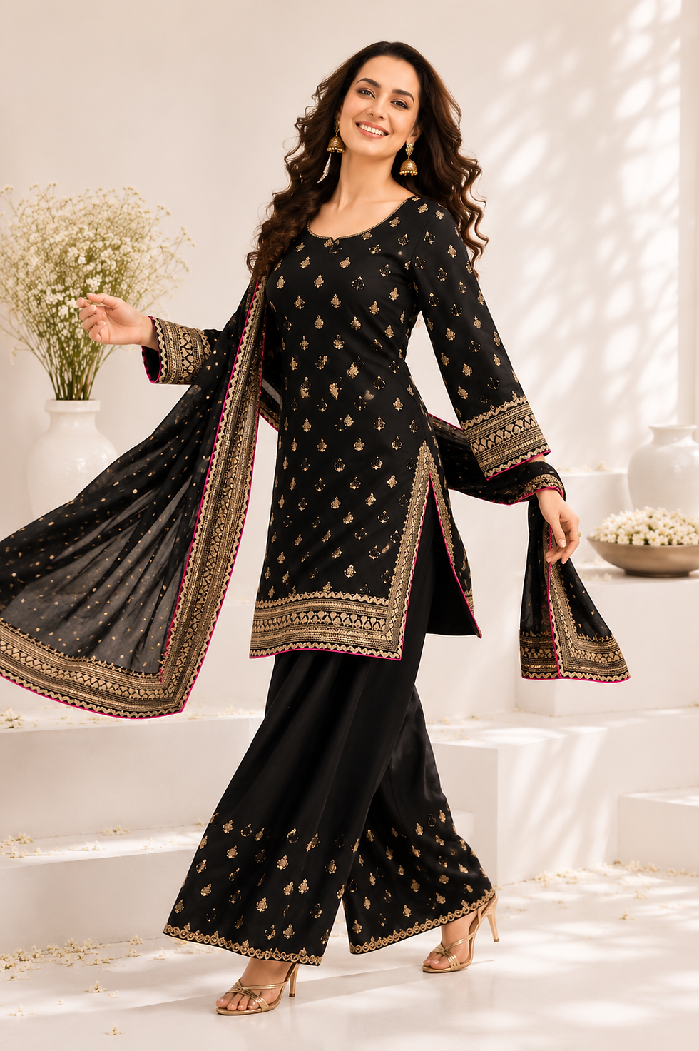 Thumbnail: Noir Royale Palazzo Set - classic black raw silk kurta with hand and machine embroidery (view 2)