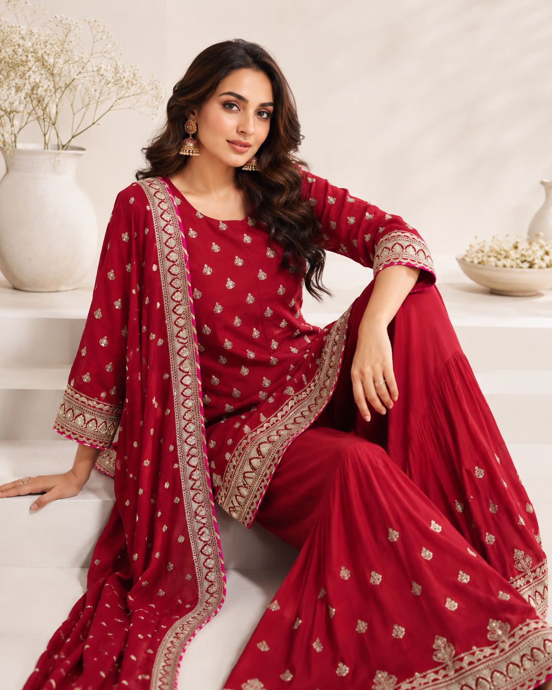 Surkh Royale Palazzo Set - raw silk kurta with hand and machine embroidery, Silk Chanderi palazzo