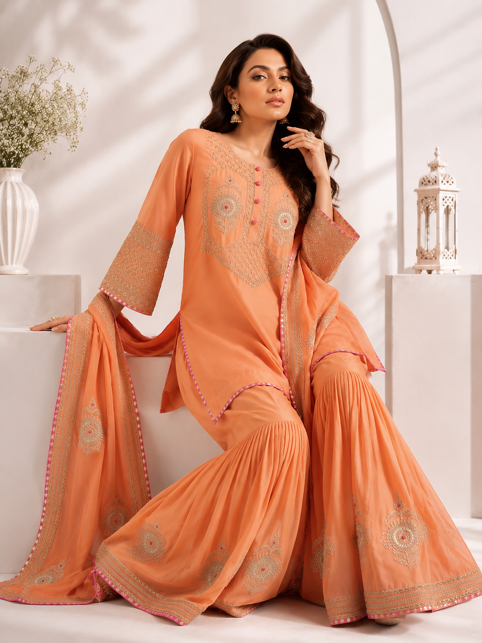 Thumbnail: Gulnaar Peach Garara Set - peach orange Silk Chanderi with Kashmiri Dori embroidery (view 3)