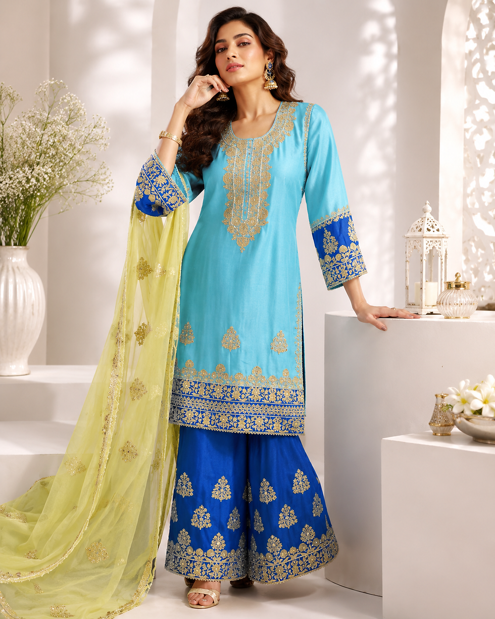 Neelkanth Heritage Palazzo Set - turquoise blue Silk Chanderi kurta with Aari embroidery, royal blue silk palazzo (view 2)