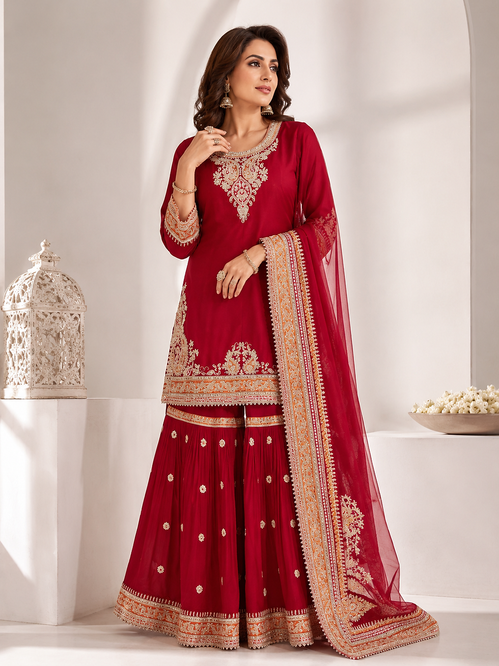 Surkh Rang Garara Set - crimson red Silk Chanderi with Dori embroidery and orange patchwork