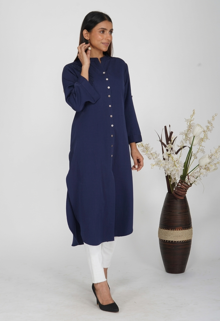 Afsha Swarovski Motif Kurta - navy blue long kurta with Swarovski shoulder motif
