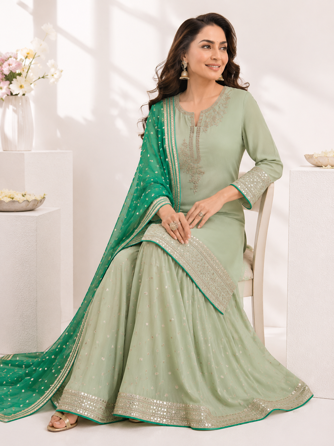 Zariya Mint Sharara Set - pastel mint georgette with Dabka embroidery and emerald green dupatta