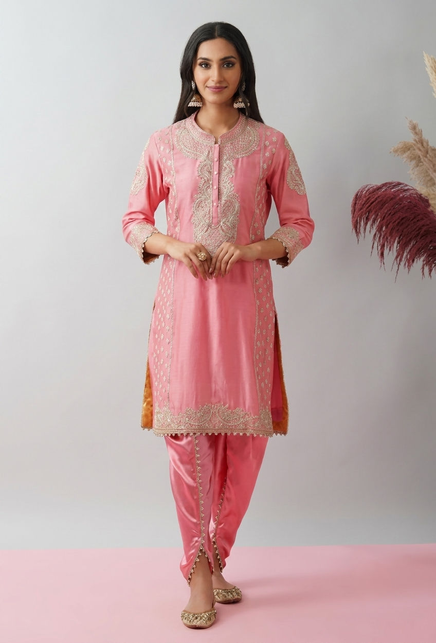 Gulnaar Tilla Dhoti Set - light pink Chanderi silk kurta with Kashmiri Tilla Dori embroidery and satin dhoti