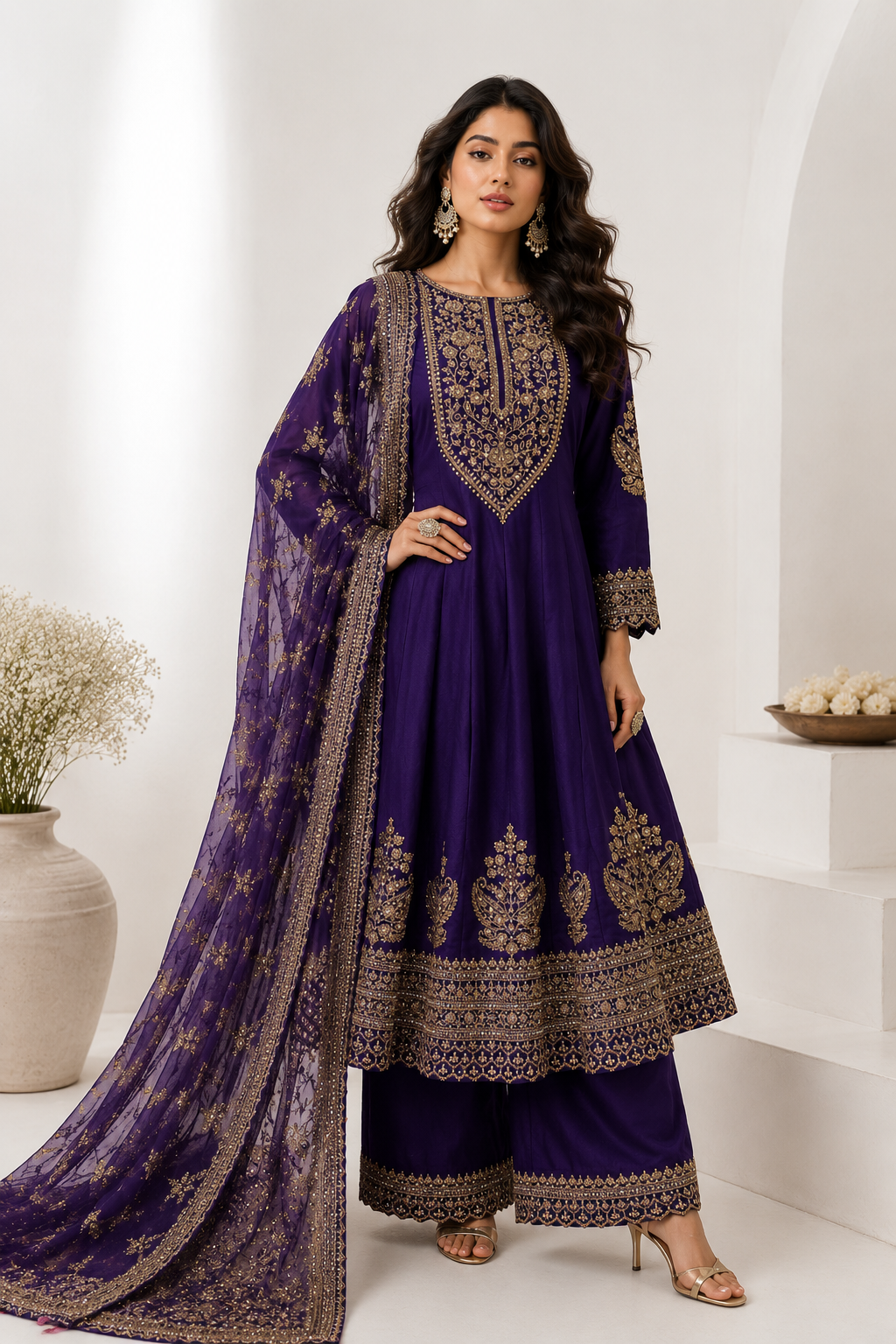 Neelambari Kalidaar Palazzo Set - royal violet Silk Chanderi kalidaar kurta with hand embroidery