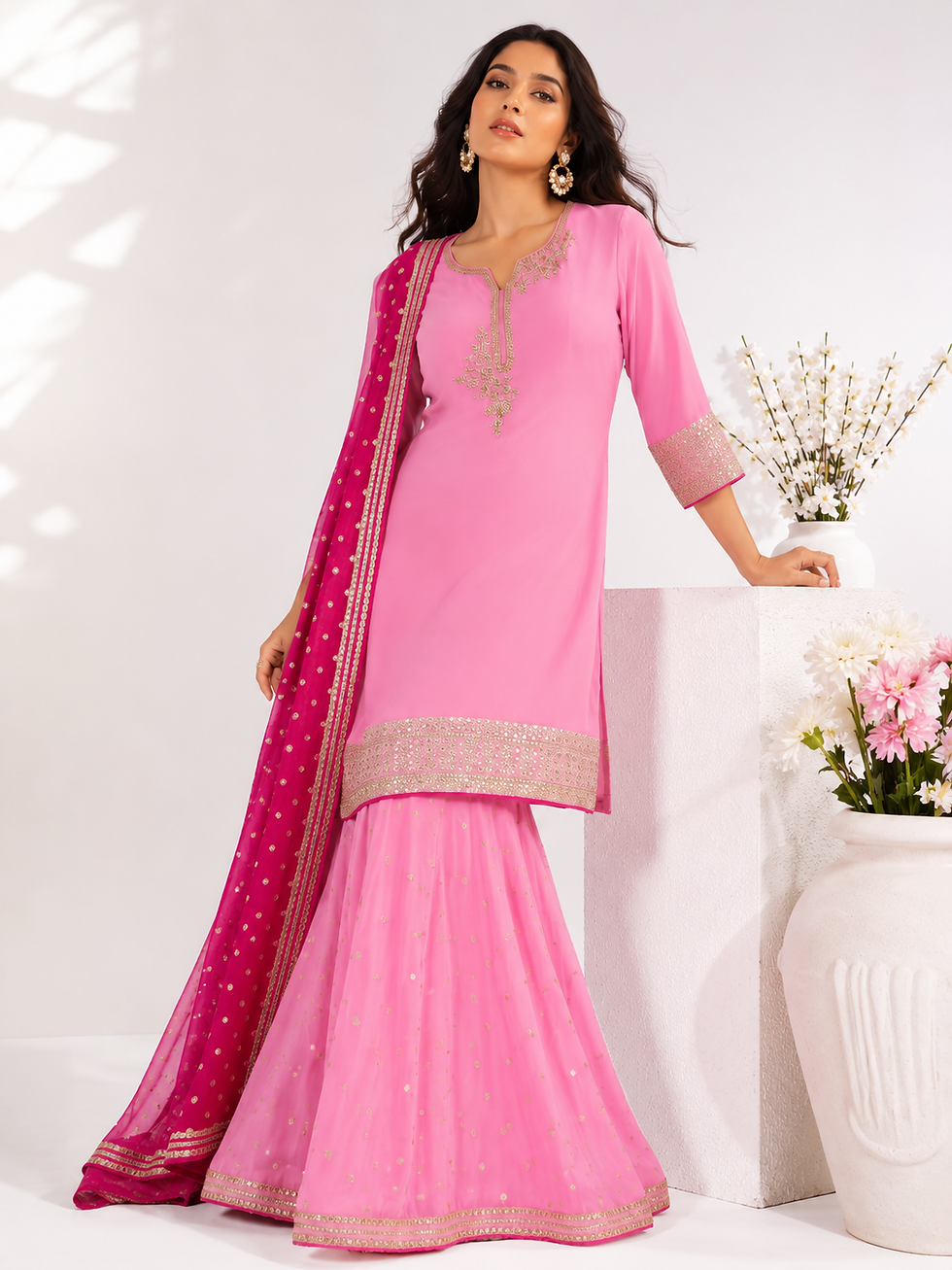 Thumbnail: Gulnaar Pink Sharara Set - blush pink georgette with Dabka embroidery, fuchsia pink dupatta (view 2)