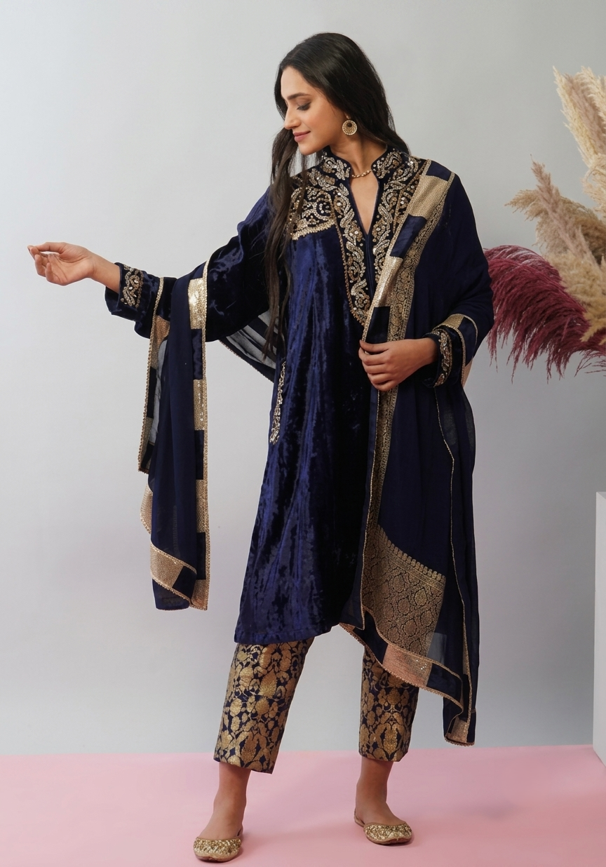 Noir Royale Velvet Suit Set - navy blue velvet kurta with Dabka and Polki hand embroidery