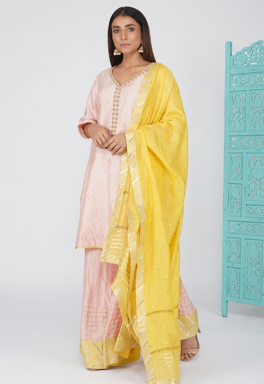 Ghazal Sharara Set - light peach Chanderi Banarasi with gold bead embroidery and Gota work