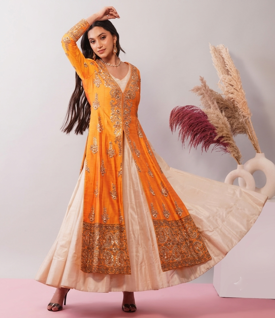 Sunehri Aab Jacket Set - mango yellow raw silk jacket with Dabka and Gota Patti embroidery