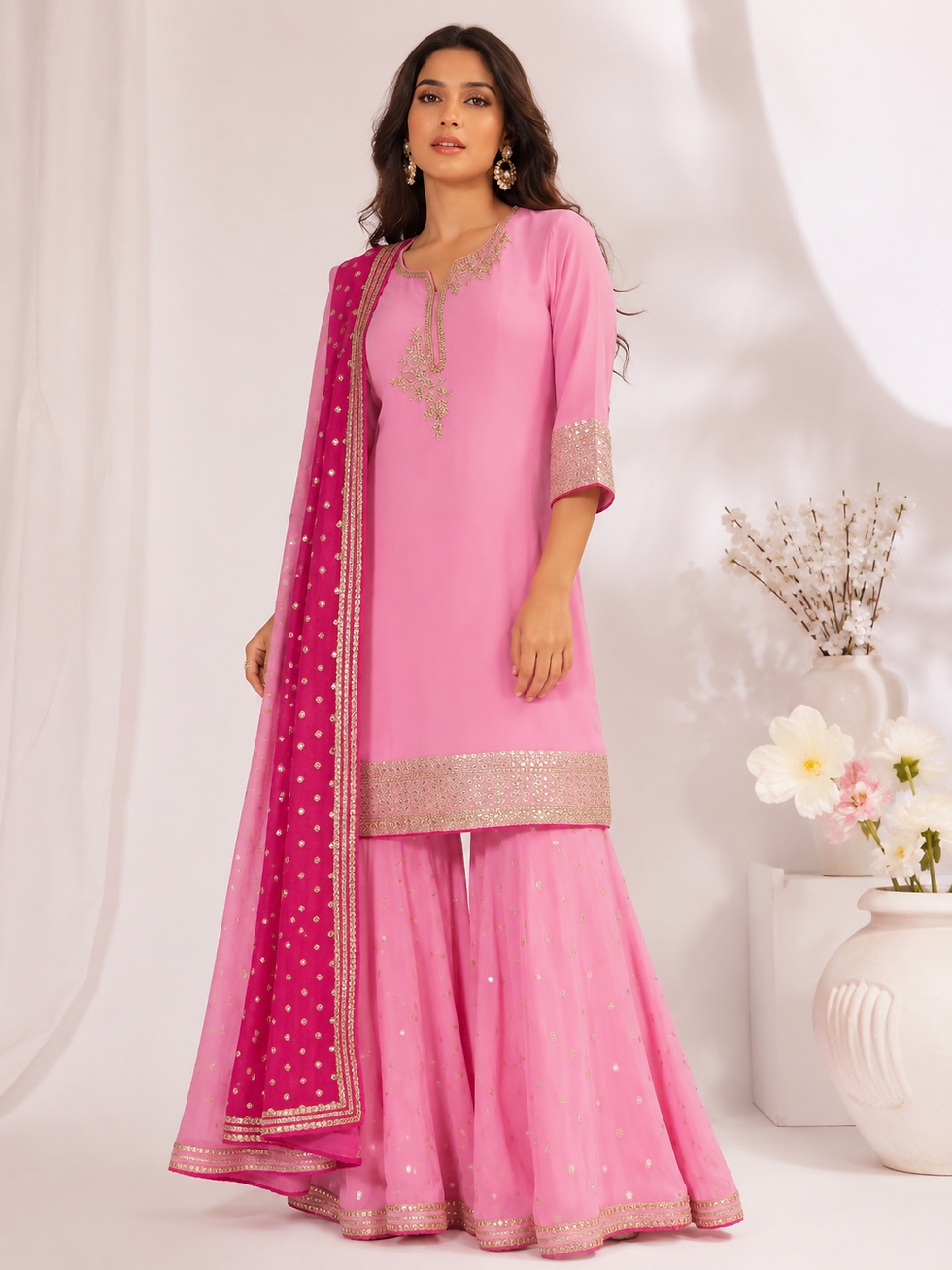 Thumbnail: Gulnaar Pink Sharara Set - blush pink georgette with Dabka embroidery, fuchsia pink dupatta
