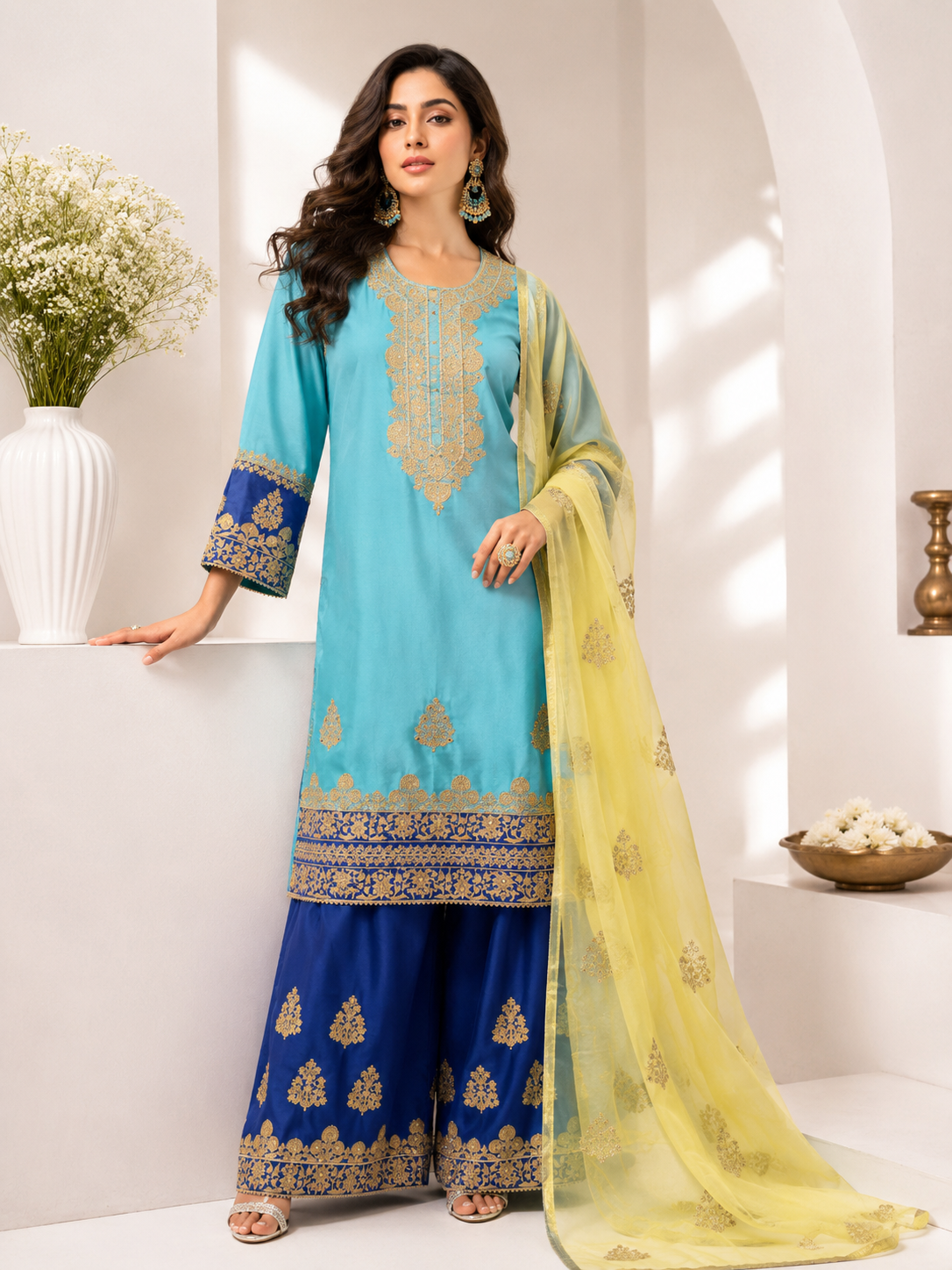 Neelkanth Heritage Palazzo Set - turquoise blue Silk Chanderi kurta with Aari embroidery, royal blue silk palazzo