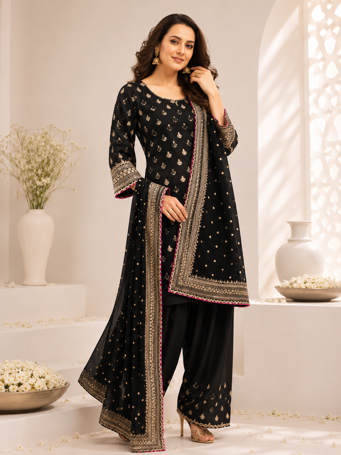 Noir Royale Palazzo Set - classic black raw silk kurta with hand and machine embroidery