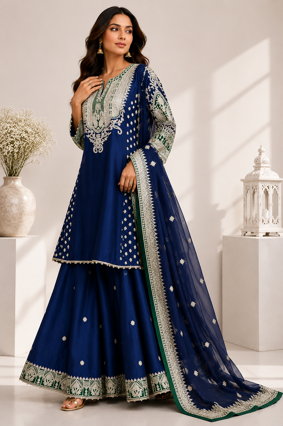 Thumbnail: Royal Emerald Chanderi Sharara Set - navy blue Silk Chanderi with Kashmiri Dori embroidery and emerald dupatta border (view 2)