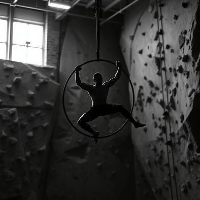 a silhouette of a muscular man doing a dancers pose on an aerial hoop within the setting o