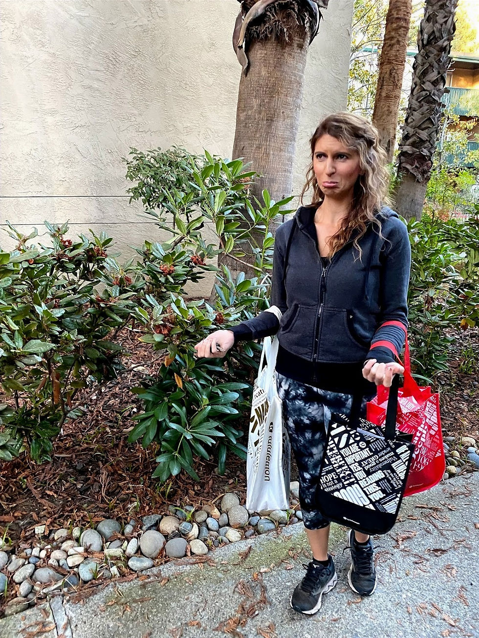 Danielle Turner making a sad face giving up Lululemon clothes
