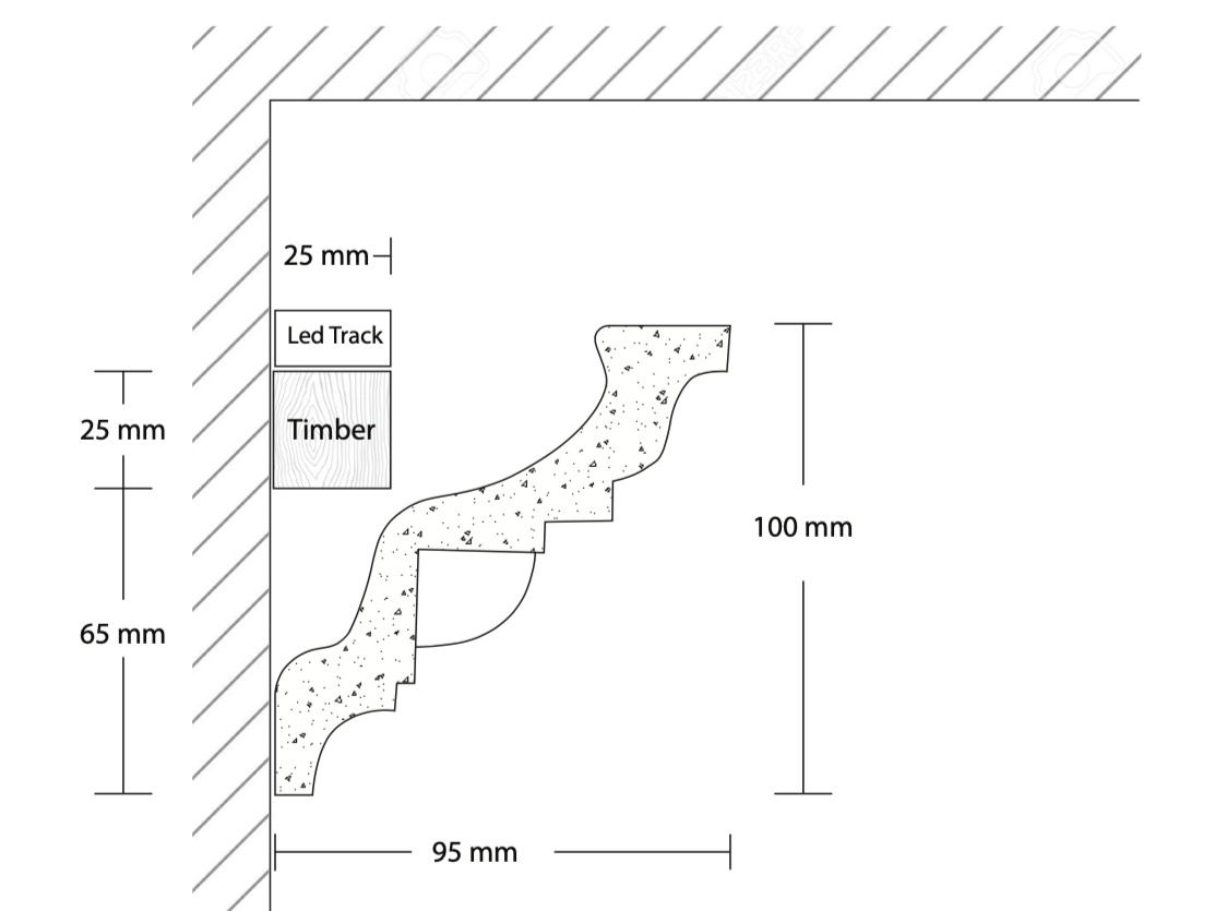 CL-LCC07 Small Lighting Cornice. Ceiling Projection: 95mm. Wall Height: 100mm