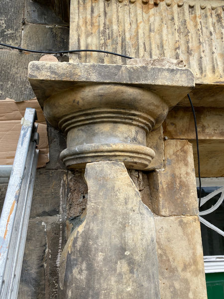 Damaging cement repairs removed. The column does not support the capital or lintol
