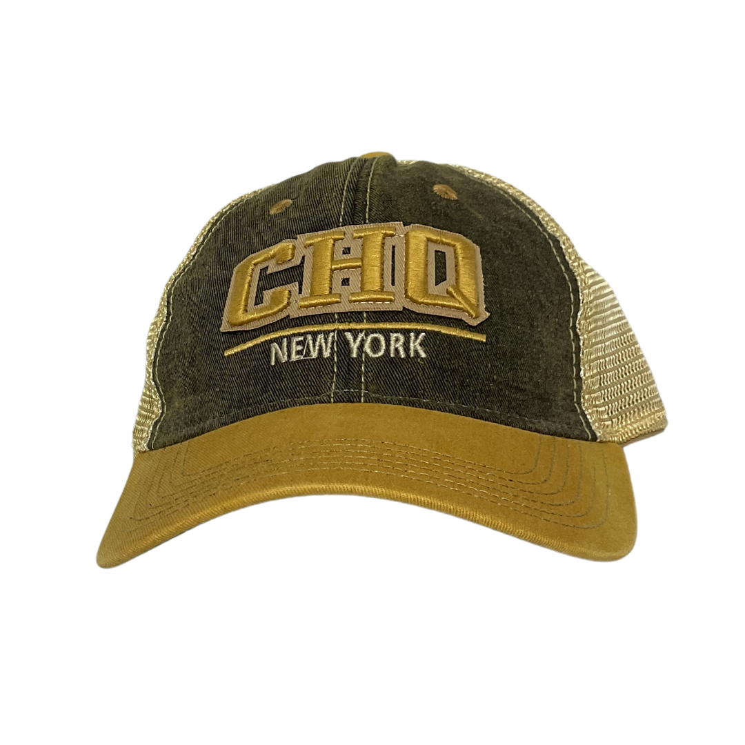 CHQ New York Vintage Trucker Hat in Charcoal and Gold