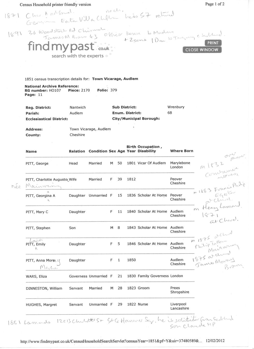 Rev George Pitt Census 1851 - Part 1