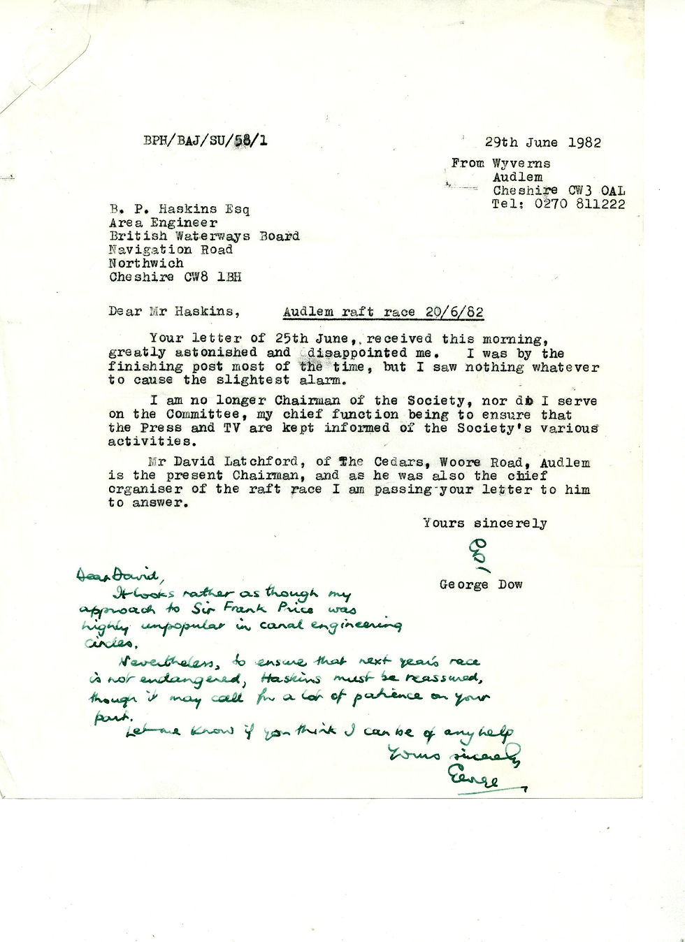 Letters Re Waterways Board Not Allowing Raft Race - From George Dow To BWB