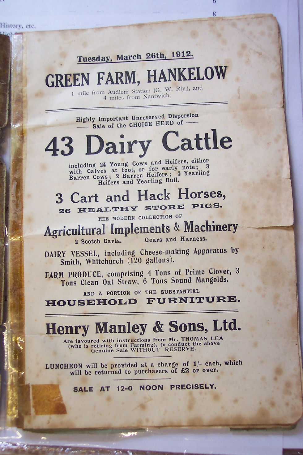 Farm Sale 1912 Green Farm Hankelow - Part 2