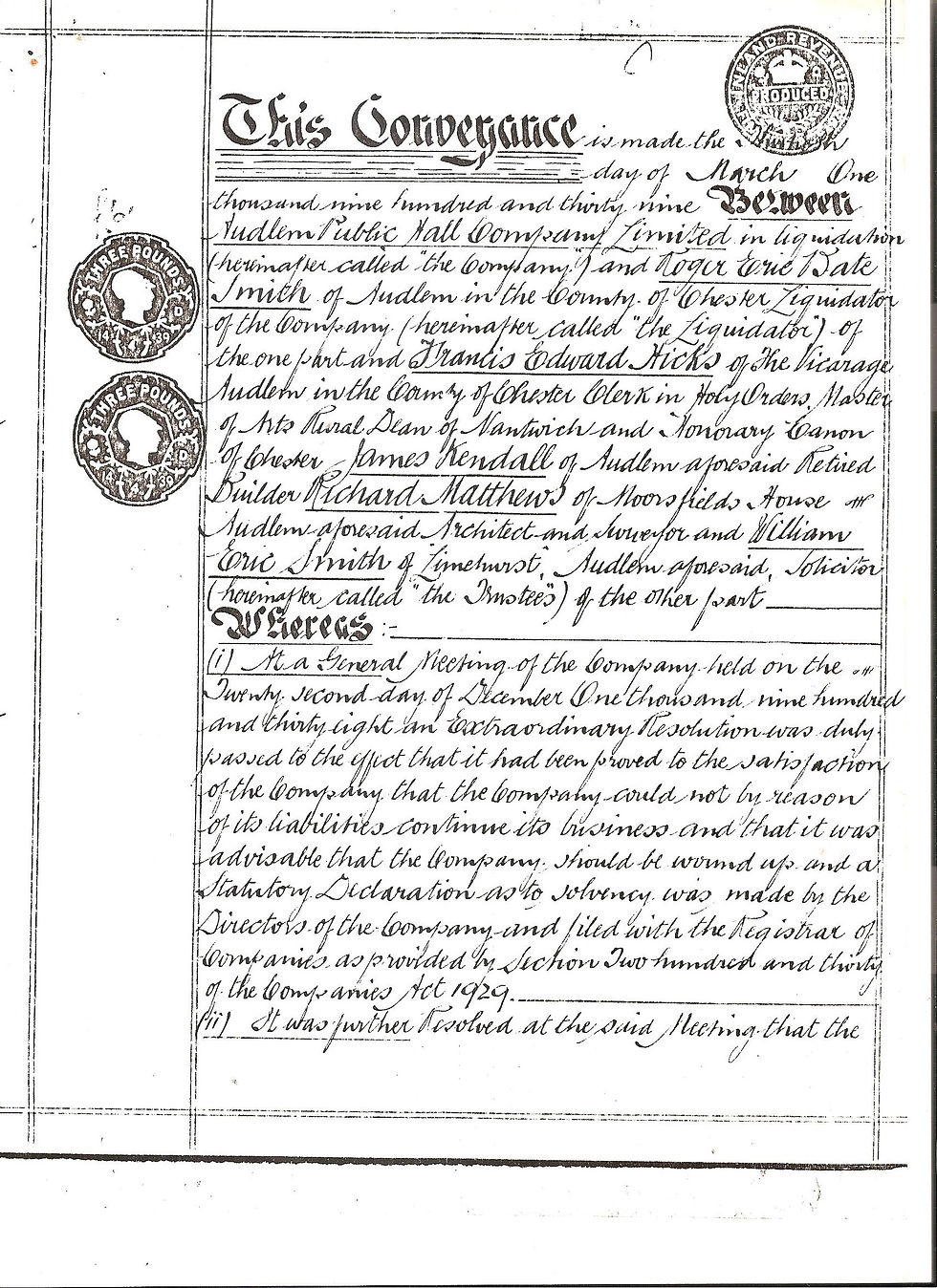 Public Hall Conveyance Document 1939 - Front Page