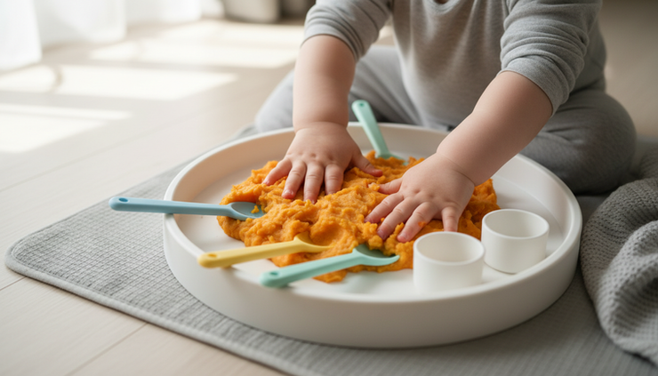 Close-up of small hands exploring orange sweet potato mash in a sensory tray