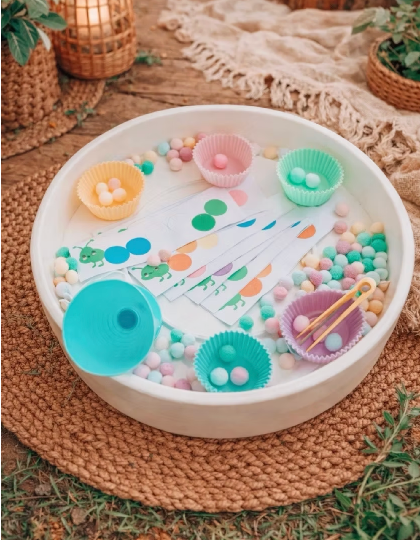 Colorful Caterpillar Colour Matching - Pom Pom Sensory Tray & Set