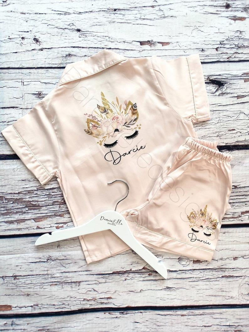 Feather Unicorn Personalised Luxury Satin Pyjamas
