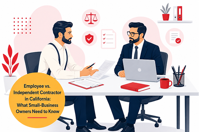 Two businessmen discuss documents at a desk; icons of scales and checkmarks. Text: Employee vs. Independent Contractor in California.
