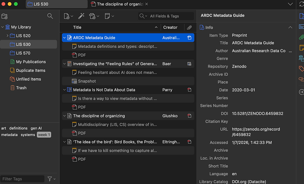 Five sources tagged “Week 1” in my LIS 530 folder with PDFs, notes, and additional descriptive tags (art, definitions, gen AI, metadata, and systems).