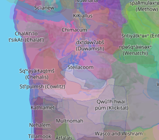 Overlapping territories emphasize the lack of borders on Native Lands maps. I appreciated this method of visualizing land in a way that de-emphasized borders.