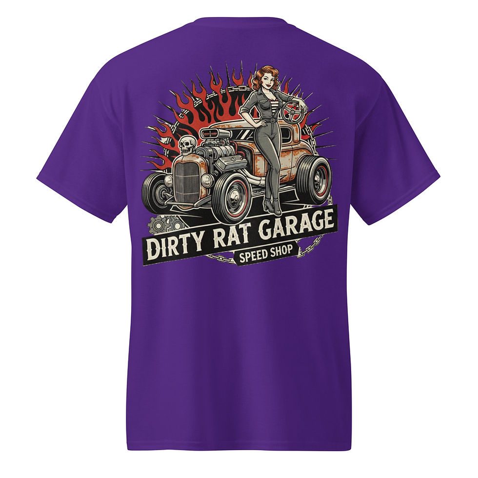 Thumbnail: Purple t-shirt with 'Dirty Rat Garage' hot rod and pin-up woman