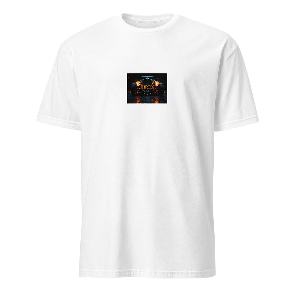 White t-shirt with small dark glowing design