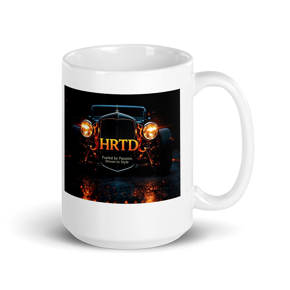 Thumbnail: White mug with vintage car, glowing headlights, HRTD logo