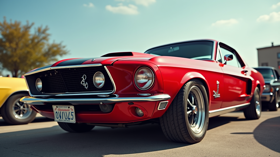 Eye-level view of a classic red muscle car parked at a car show