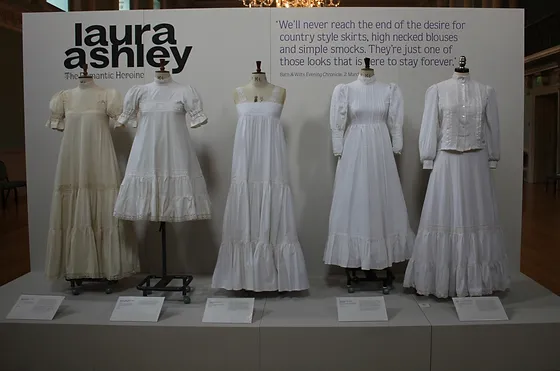 1970s Designer Trends Printed cotton dresses made by laura ashley in the mid 1970s, on display at the fashion museum, bath, 2013. 1970s designer trends