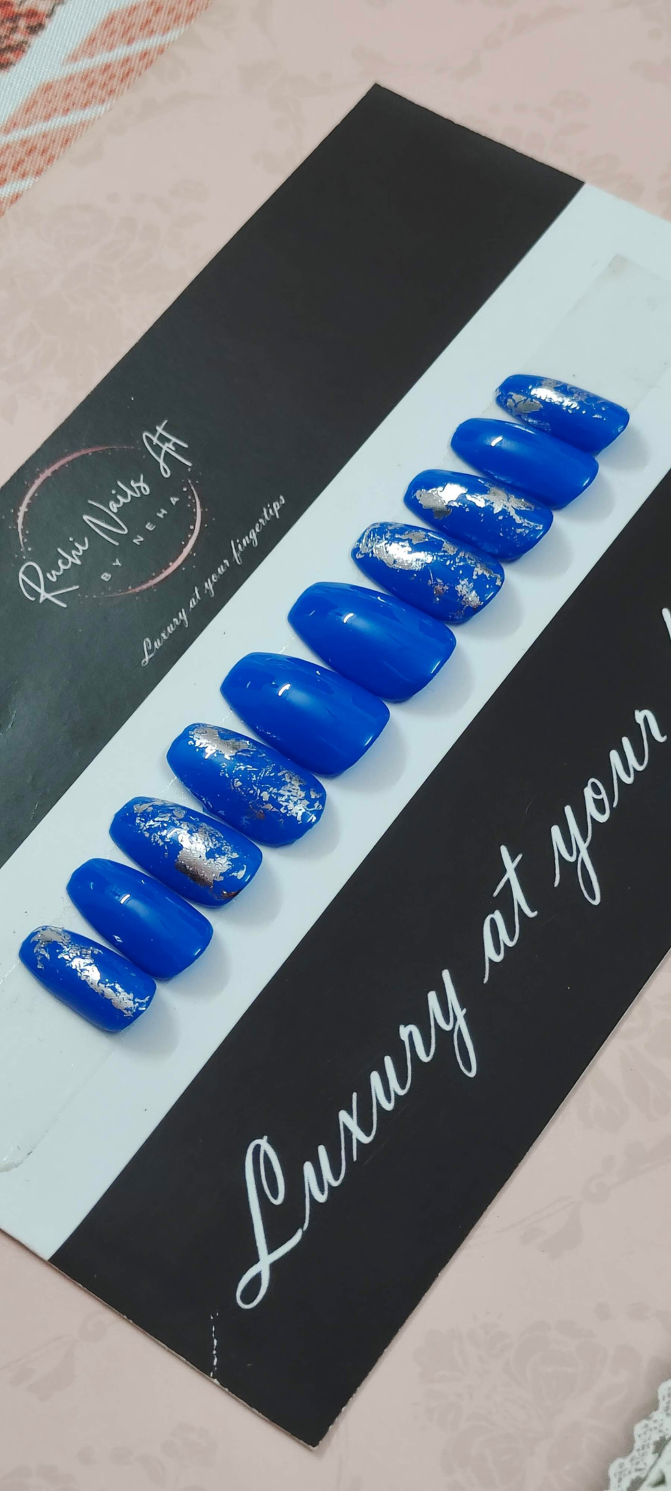 Thumbnail: Premium Handmade Press-On Gel Nails Royal Blue & Silver Foil