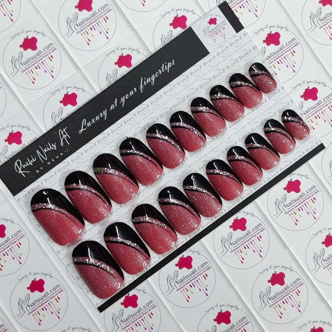 Premium Handmade Press-On Gel Nails Sparkling Red &Black French