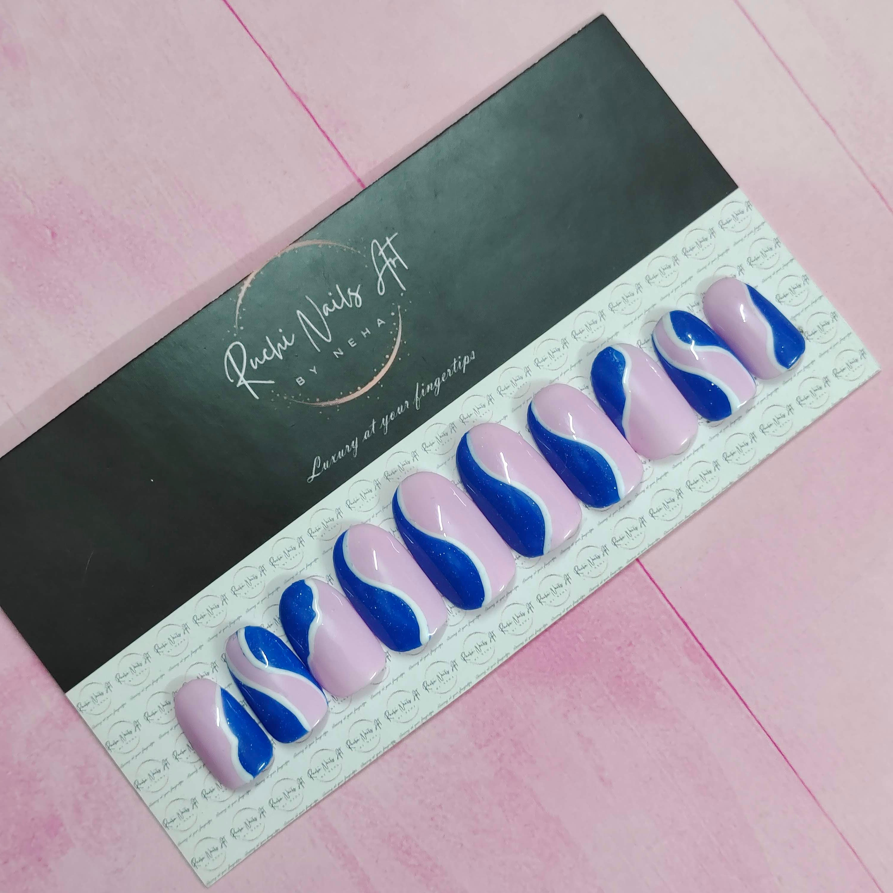 Premium Handmade Press-On Gel Nails Baby Pink & Blue Abstract