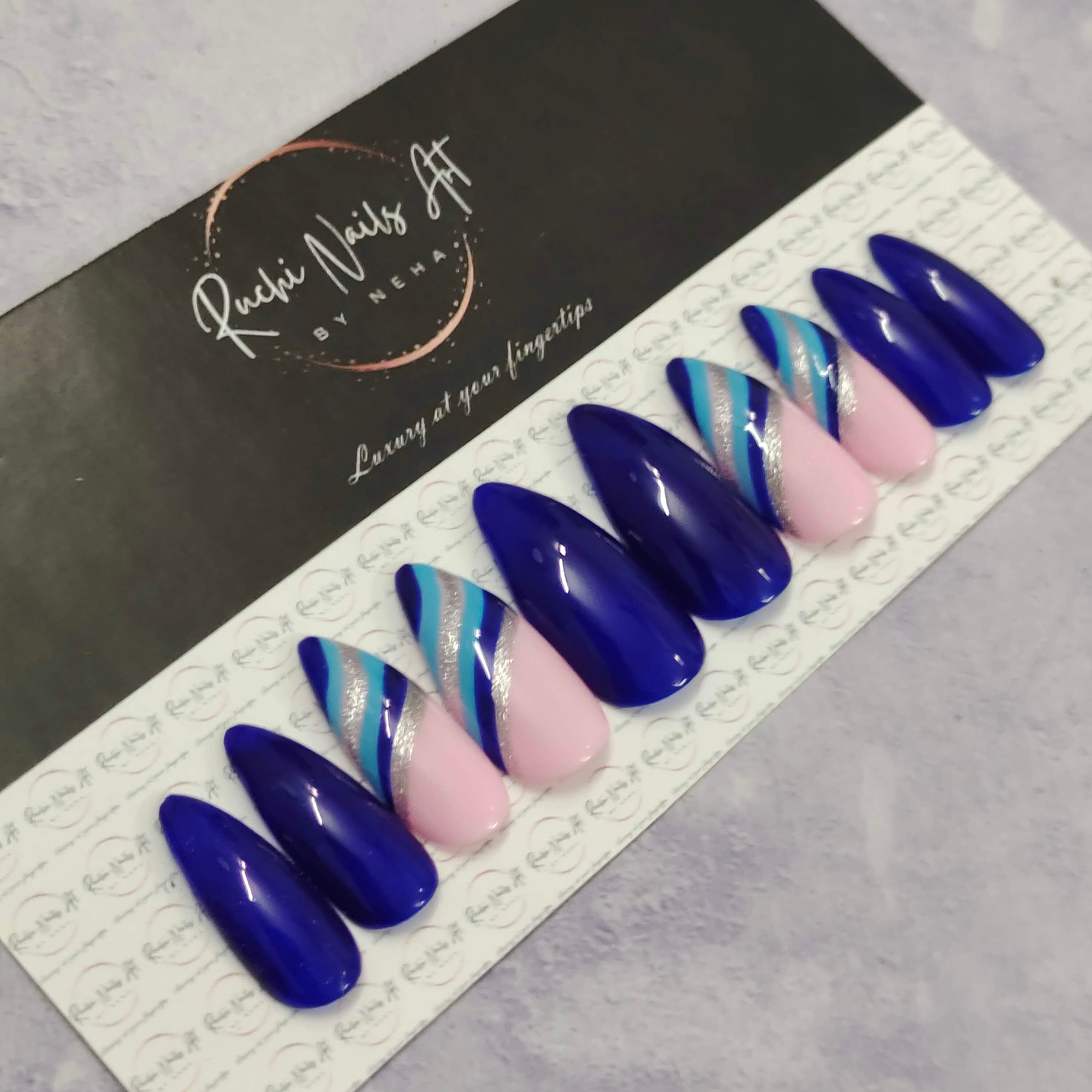 Premium Handmade Press-On Gel Nails Blue & Pink