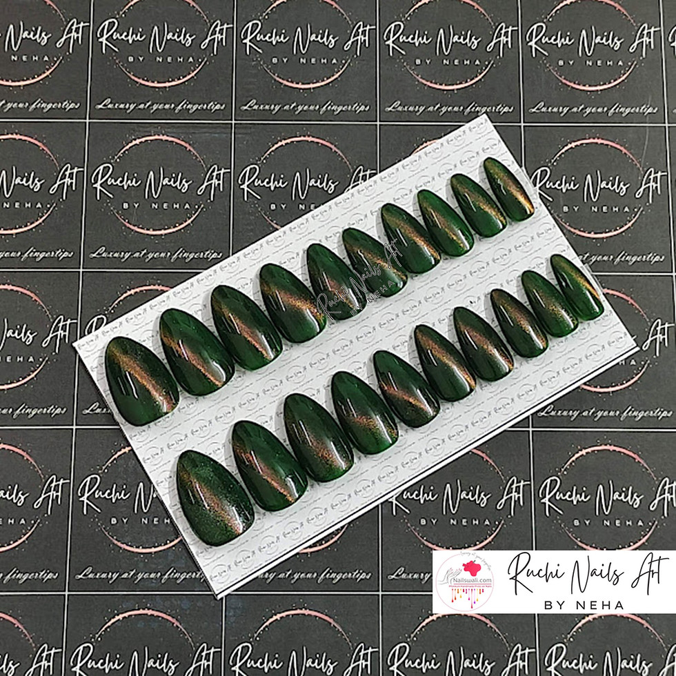 Thumbnail: Premium Handmade Press on Gel Nails | DARK GREEN | OLIVE COPPER MAGIC CATEYE