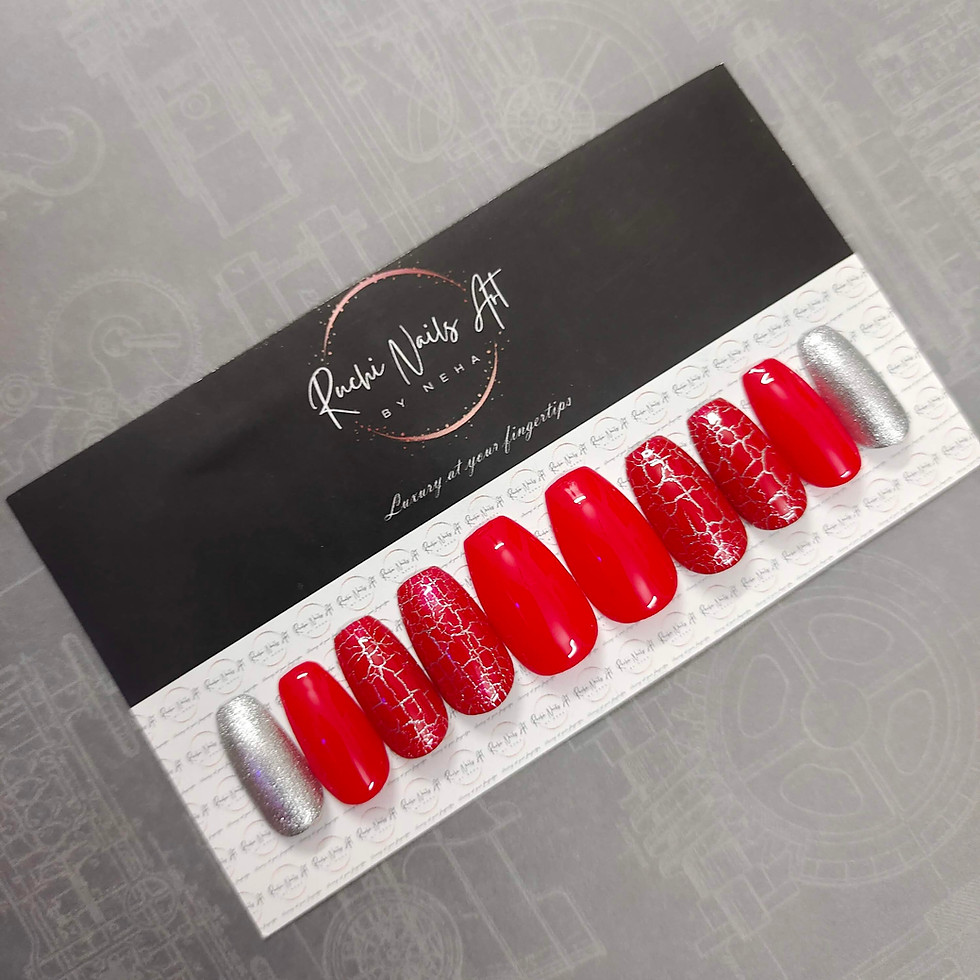 Thumbnail: Premium Handmade Press-On Gel Nails Red & Silver Crack Design