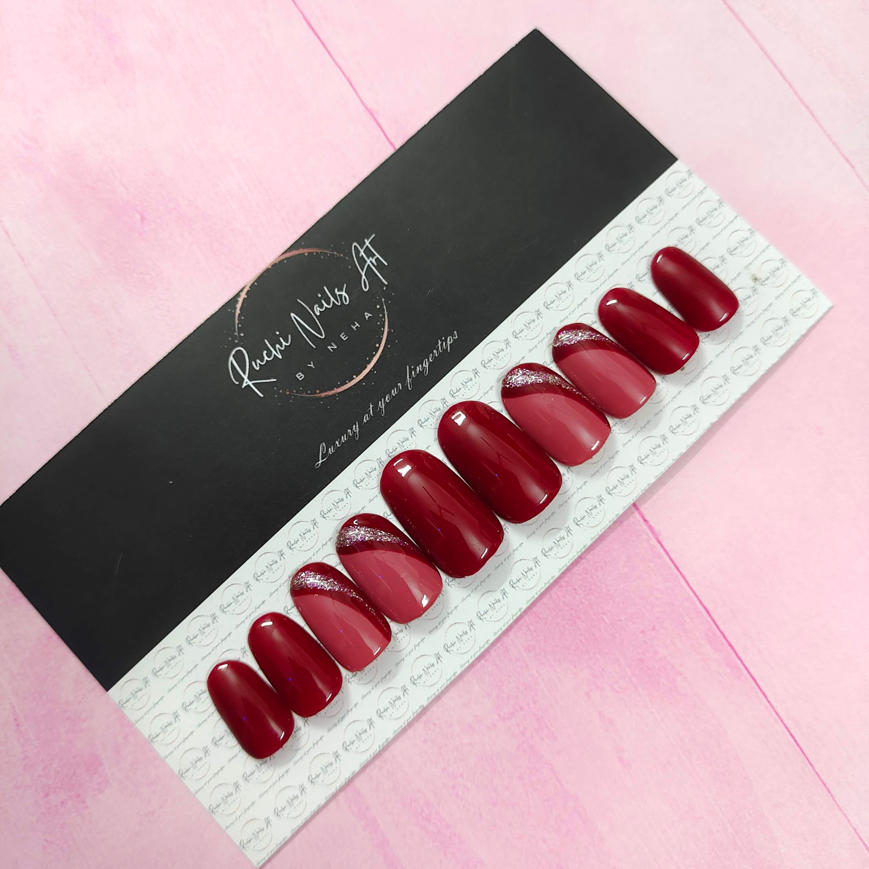 Premium Handmade Press-On Gel Nails Red Maroon & Silver
