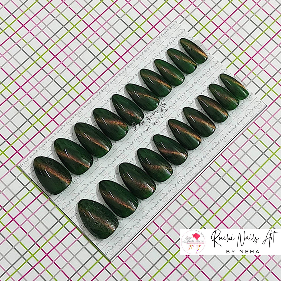 Thumbnail: Premium Handmade Press on Gel Nails | DARK GREEN | OLIVE COPPER MAGIC CATEYE